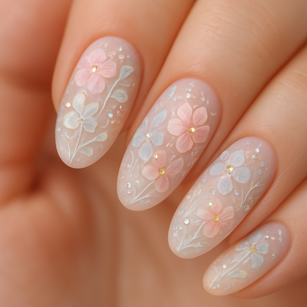Intricate floral nail art with pastel colours